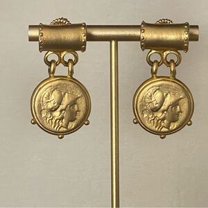 Gold Athena Goddess Coin Drop Earrings